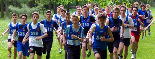 grupa chłopców biegnąca w kierunku pierwszego planu przez park solankowy